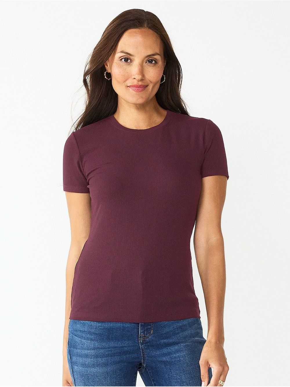 Nine West Soft Spun Ribbed Short Sleeve Crewneck Tee Dark Plum Size XL
